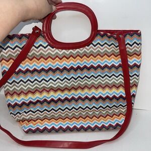 Top Handle Shoulder Bag‎ Woven Chevron Stripe Red Accents Water Resistant